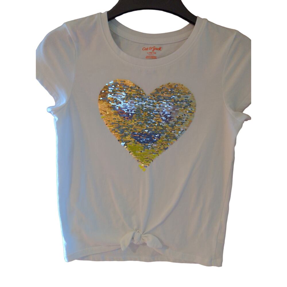 Cat & Jack Flip Sequin Heart Smiley Face White T-shirt Girl's Size L (10/12)